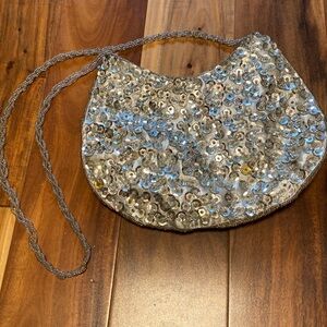 Vintage Beaded & Sequins Silver Purse with Beaded Strap